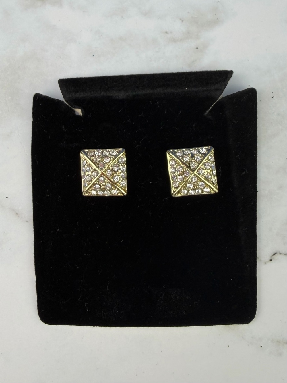 Gold Tone Pave Crystal Pyramid Square Stud Earrings - New on Card